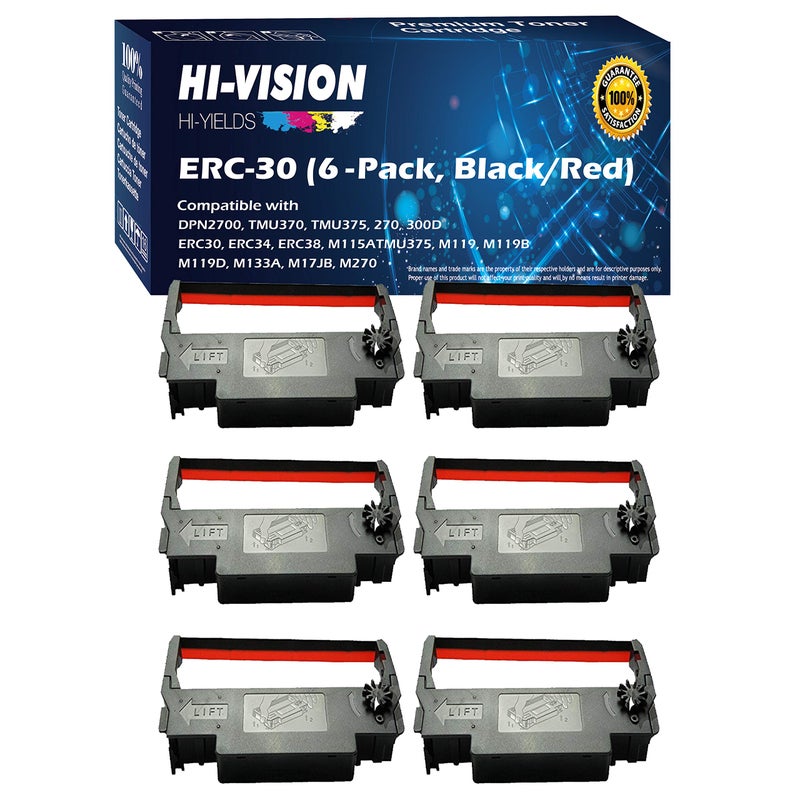 HI-VISION HI-YIELDS 6-Pack Compatible ERC-30 (Black/Red) Ink Ribbon Replacement for Epson M119 M119B M119D M133A M270 M52JB IT-U375 TM-200 TM-260 Printers - Image 1